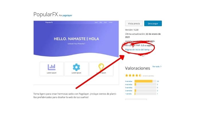 Estudia la información general de cada tema de WordPress